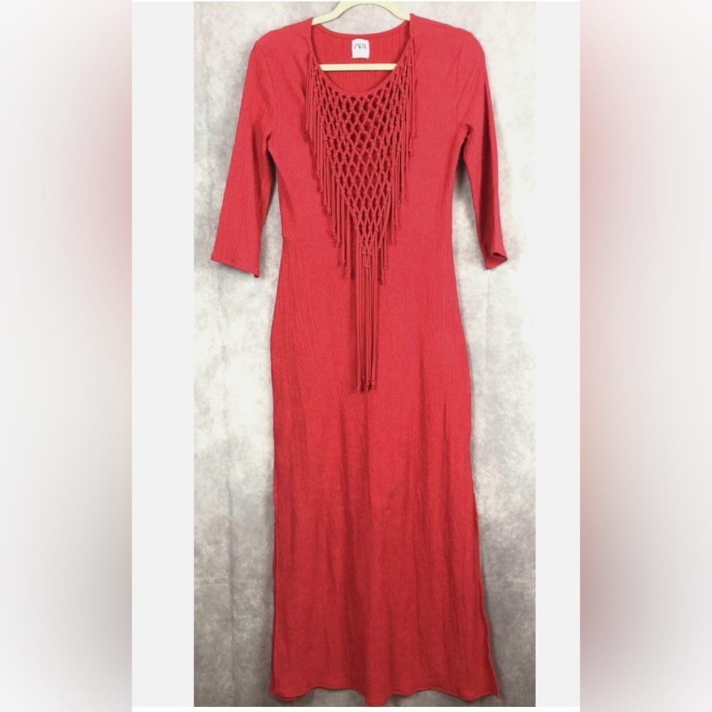NWT Zara Long Sleeve Fringe Knit Midi Dress - Picture 5 of 12